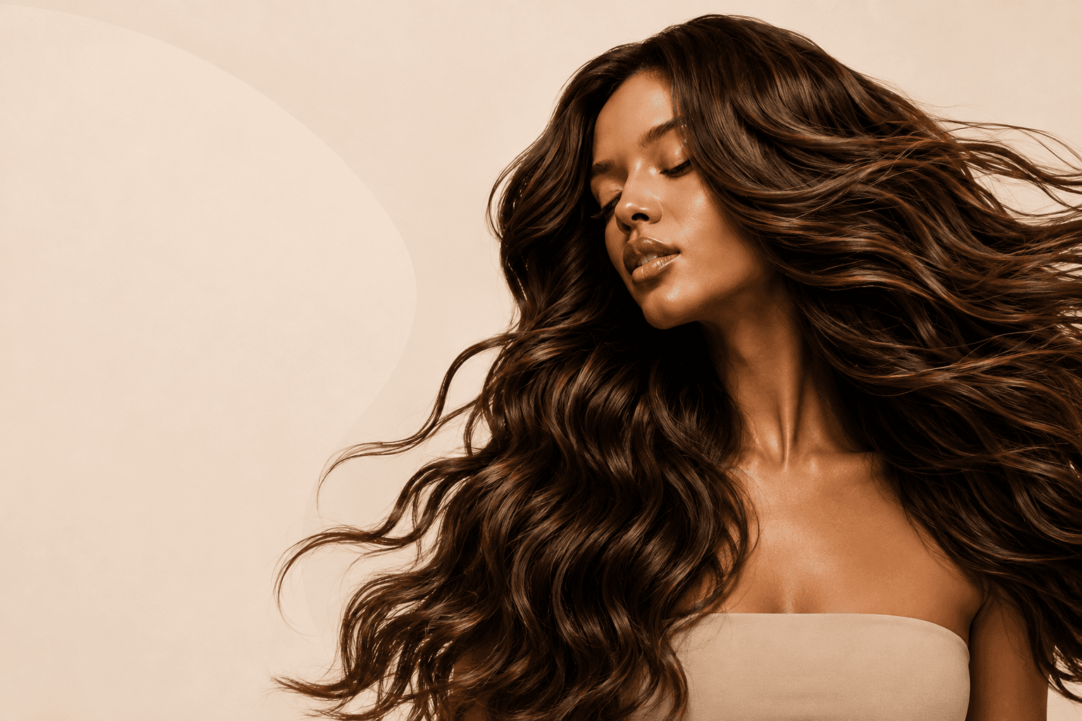 Woman with long, voluminous brown hair in a warm beauty editorial portrait.